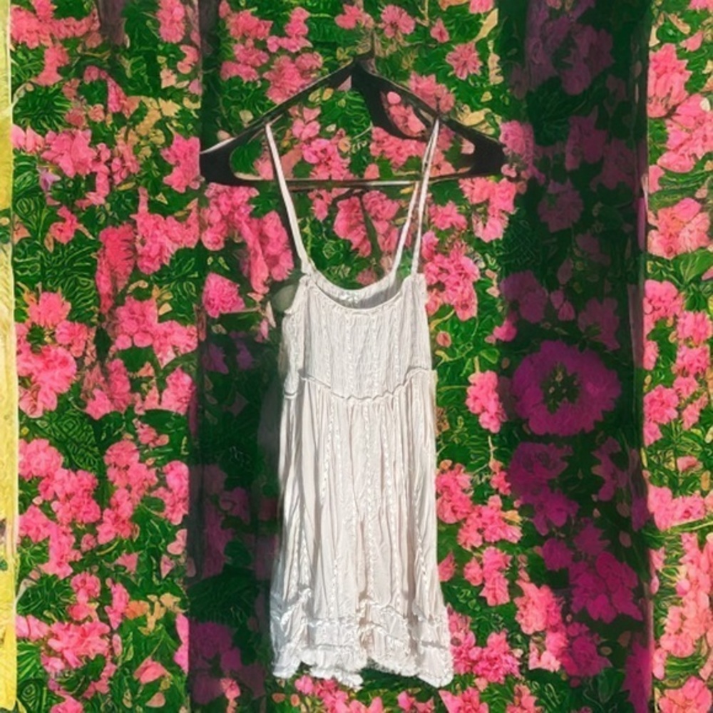 Free People Bohemian Linen Strap Mini Dress white Coral Ruffle XS